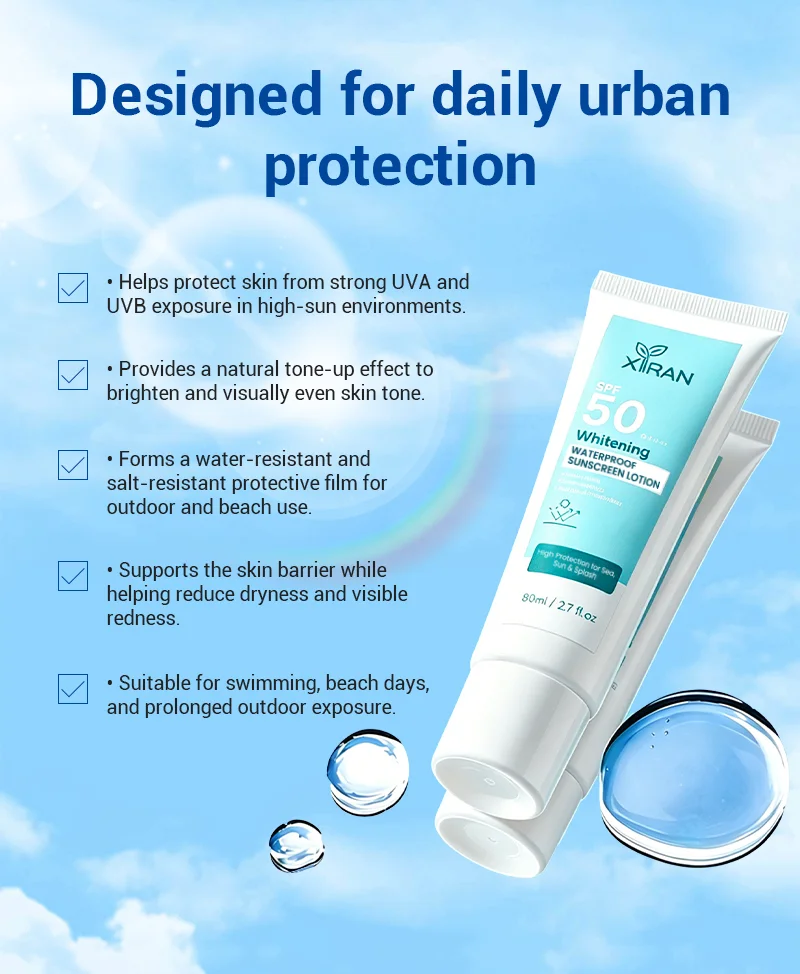 SPF 50 whitening waterproof sunscreen lotion for daily urban protection with text highlighting its benefits on a bright blue sky background.